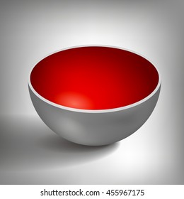 Vector volume half of a hollow sphere, open ball, inside a red coated, abstract object for you project design