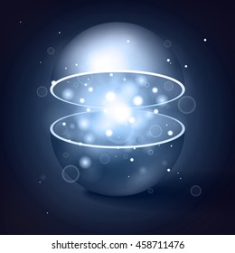 Vector volume hollow sphere, open magic ball, light inside, abstract object for you project design