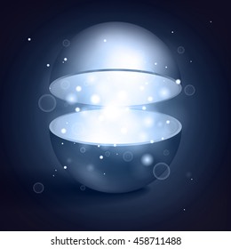 Vector volume hollow sphere, open magic ball, light inside, abstract object for you project design