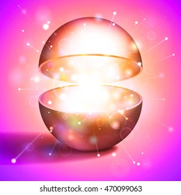 Vector volume hollow sphere, open magic ball, light inside, pink abstract object for you project design