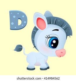 vector volume icon of a cute little gray donkey with big eyes ears isolated on a white background, a pet on the farm, big Blue eyes eps 10 print t-shirt pink face mule, burro abc, letter D 