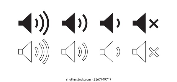 Vector volume icons set collection design on flat and outline sytle. Volume Increase, decrease, and mute meaning symbol.