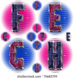 Vector volume letters E,F,G,H with shiny rhinestones