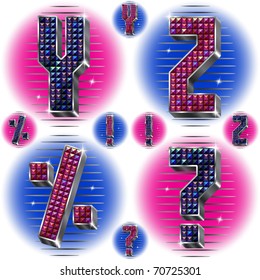 Vector volume letters Y,Z and signs with shiny rhinestones