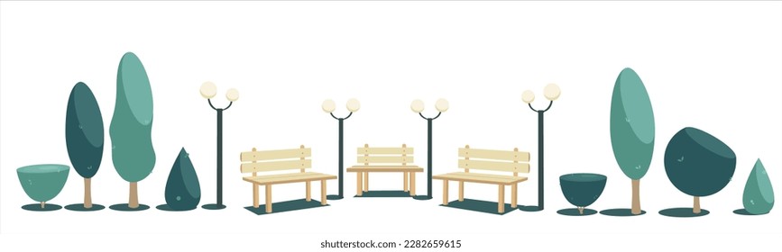 Vector Volume Objects: Benches, Trees, Bushes, and Lanterns in Shades of Green for Spring Summer Park Illustrations