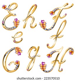 Vector volume shiny bronze alphabet with floral details from diamonds and gems, letters E,F,G,H