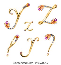 Vector volume shiny bronze alphabet with floral details from diamonds and gems, letters Z,Y and punctuation marks