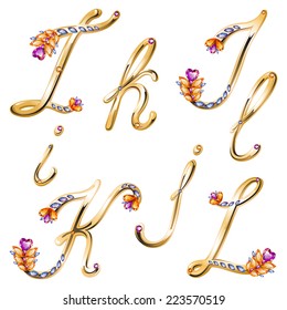 Vector volume shiny bronze alphabet with floral details from diamonds and gems, letters I,J,K,L