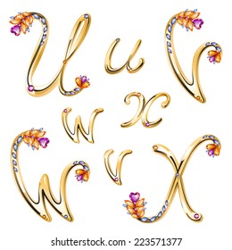 Vector volume shiny bronze alphabet with floral details from diamonds and gems, letters U,V,W,X