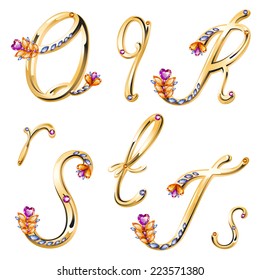 Vector volume shiny bronze alphabet with floral details from diamonds and gems, letters Q,R,S,T