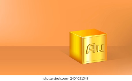 Vector volumetric 3D gold cube with shadows. A precious metal. Bright highlights and glow. Financial and economic poster. Orange background.