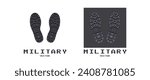 Vector volumetric 3D logo. Gray prints of the soles of military combat boots. Powerful protector. White isolated background.