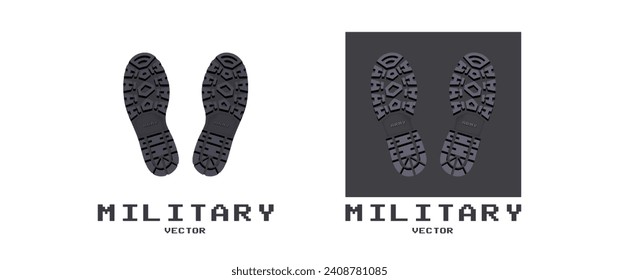 Vector volumetric 3D logo. Gray prints of the soles of military combat boots. Powerful protector. White isolated background.