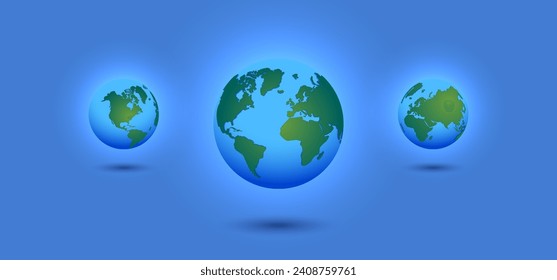 Vector volumetric 3D set of the planet Earth in three projections. Western, Eastern and general position. Atmospheric blue glow.