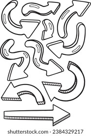 contorno vectorial de flechas volumétricas, grupo, aislado, flechas de doodle