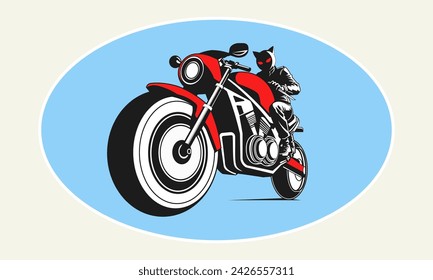 Vector volumetric black red motorcycle racer with a Japanese knife in perspective. Mystical 3d biker sticker. Motorcycle helmet with ears. Modern techno ninja.