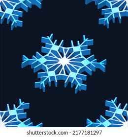 Vector volumetric blue snowflake close-up isolated on a dark blue background for the decoration of holidays Christmas and New Year, a symbol of winter, snowfall icon weather forecast, seamless pattern