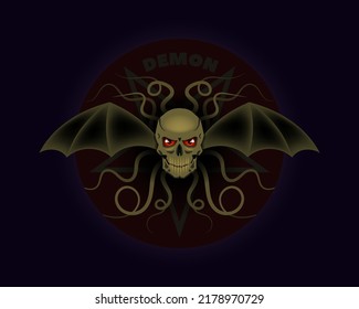 Vector volumetric creepy demon emblem or sticker. Human scary skull with red glowing eyes, bat wings and long thin writhing tentacles. Cthulhu or kraken monster