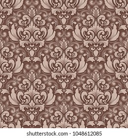 Vector volumetric damask seamless pattern background. Elegant luxury embossed texture for wallpapers, backgrounds and page fill. 3D elements with shadows and highlights.