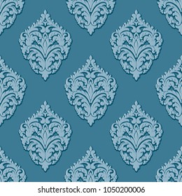 Vector volumetric damask seamless pattern background. Elegant luxury embossed texture for wallpapers, backgrounds and page fill. 3D elements with shadows and highlights.