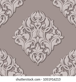 Vector volumetric damask seamless pattern element. Elegant luxury embossed texture for wallpapers, backgrounds and page fill. 3D elements with shadows and highlights.