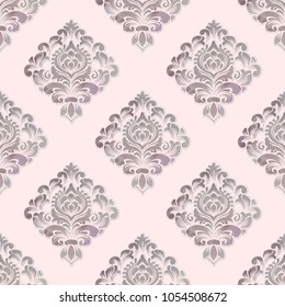 Vector volumetric damask seamless pattern background. Elegant luxury embossed texture with watercolor for wallpapers, backgrounds and page fill. 3D elements with shadows and highlights.