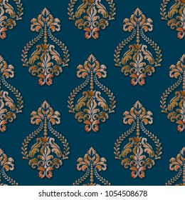 Vector volumetric damask seamless pattern background. Elegant luxury embossed texture with watercolor for wallpapers, backgrounds and page fill. 3D elements with shadows and highlights.