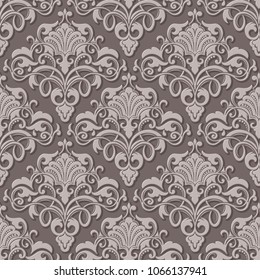 Vector volumetric damask seamless pattern background. Elegant luxury embossed texture for wallpapers, backgrounds and page fill. 3D elements with shadows and highlights.