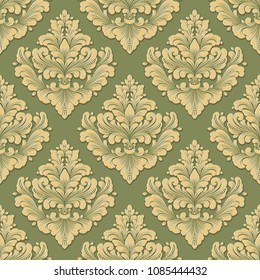 Vector volumetric damask seamless pattern background. Elegant luxury embossed texture for wallpapers, backgrounds and page fill. 3D elements with shadows and highlights.