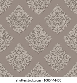 Vector volumetric damask seamless pattern background. Elegant luxury embossed texture for wallpapers, backgrounds and page fill. 3D elements with shadows and highlights.