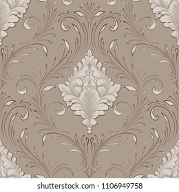 Vector volumetric damask seamless pattern element. Elegant luxury embossed texture for wallpapers, backgrounds and page fill. 3D elements with shadows and highlights.