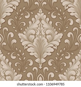 Vector volumetric damask seamless pattern element. Elegant luxury embossed texture for wallpapers, backgrounds and page fill. 3D elements with shadows and highlights.