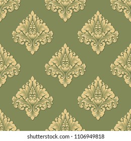 Vector volumetric damask seamless pattern background. Elegant luxury embossed texture for wallpapers, backgrounds and page fill. 3D elements with shadows and highlights.
