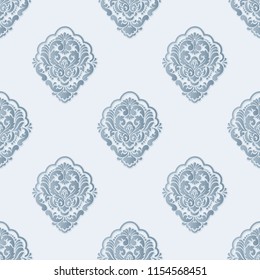 Vector volumetric damask seamless pattern background. Elegant luxury embossed texture for wallpapers, backgrounds and page fill. 3D elements with shadows and highlights