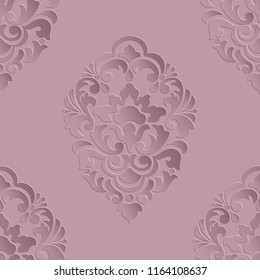 Vector volumetric damask seamless pattern element. Elegant luxury embossed texture for wallpapers, backgrounds and page fill. 3D elements with shadows and highlights