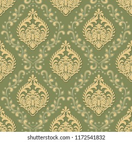 Vector volumetric damask seamless pattern background. Elegant luxury embossed texture for wallpapers, backgrounds and page fill. 3D elements with shadows and highlights.