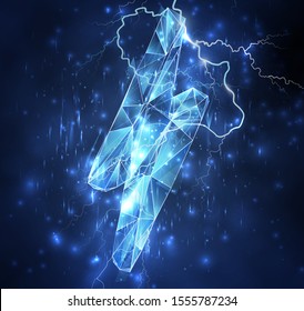 vector volumetric flash symbol in a stormy sky and lightning strikes into it