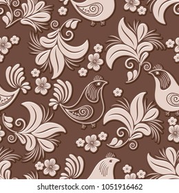 Vector volumetric flower and bird seamless pattern element. Elegant luxury embossed texture for backgrounds, seamless texture for wallpapers. Classical floral 3d ornament with shadows and highlights.