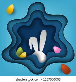 Vector volumetric illustration cut out of paper on Easter theme. Easter bunny and eggs