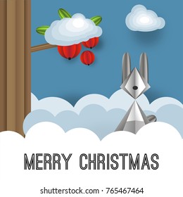 Vector volumetric illustration of a winter landscape. Branch of rowan, Kalina. Hare in the snow and snowdrifts.