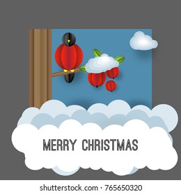 Vector volumetric illustration of a winter landscape. Bullfinch on a branch of Rowan. Snow and snowdrifts.