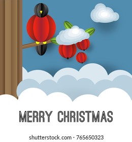 Vector volumetric illustration of a winter landscape. Bullfinch on a branch of Rowan. Snow and snowdrifts.