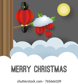 Vector volumetric illustration of a winter landscape. Bullfinch on a branch of mountain ash, Kalina. Snow and snowdrifts