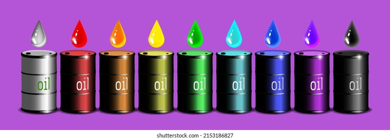 Vektor volumetrische Regenbogen-Metallfässer aus Öl mit hellen Tropfen