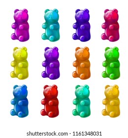 Vector volumetric  set of colorful beautiful gummy bears sweet bear candy jellyfunny bear made of jelly gummy shiny glossy gummy bear vector illustration isolated on white green candy bear shape 