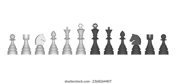 Vector volumetric set of matte frontal black and white chess pieces, pawn, rook, knight, bishop, queen and king on an isolated background