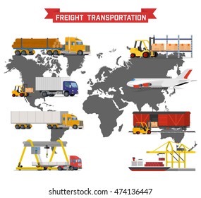 Vector volumetric set on worldwide shipping, heavy transport, delivery ways and logistics in business and industry with warehouse, trucks, airplane, railway and seaway cargo ship with world map