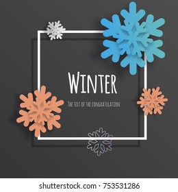 Vector volumetric snowflakes 3d, paper cut. Background for postcards, sites, wallpapers, posters, posters.