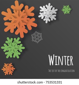 Vector volumetric snowflakes 3d, paper cut. Background for postcards, sites, wallpapers, posters, posters.