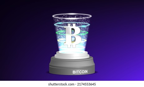 Vector volumetric symbol of bitcoin in bright circular colored rays with sparks emanating from a 3d stand
